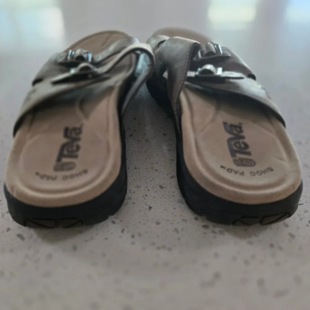 Teva Mens Sandals 14 Lodo Brown Leather Double Buckle Slide 6545 Shoc Pad